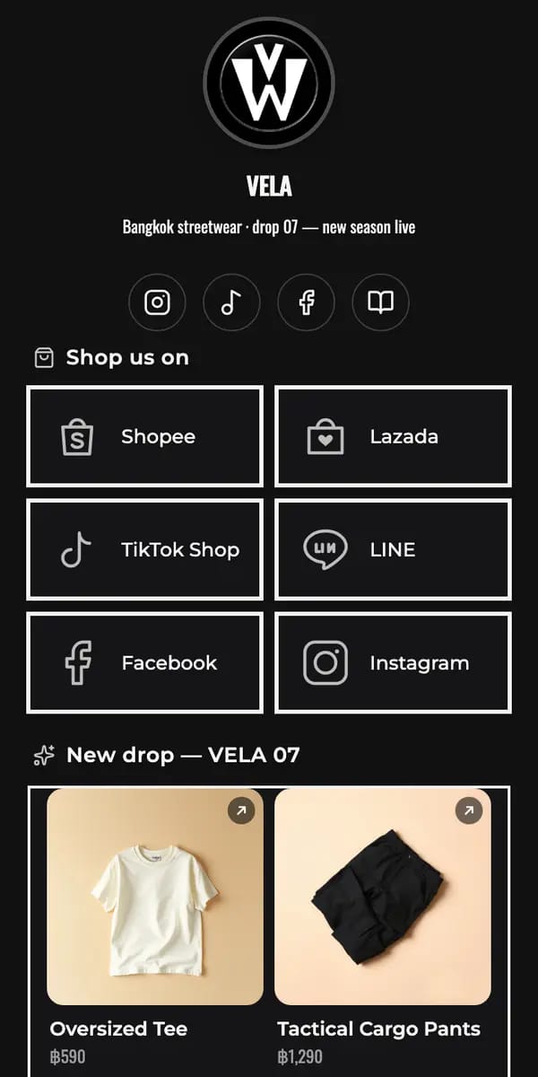 VELA Bangkok's Hublink page, rebuilt from their Linktree