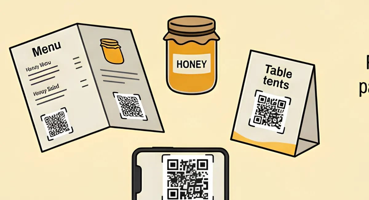 A menu, a jar and a table tent, each carrying the same code